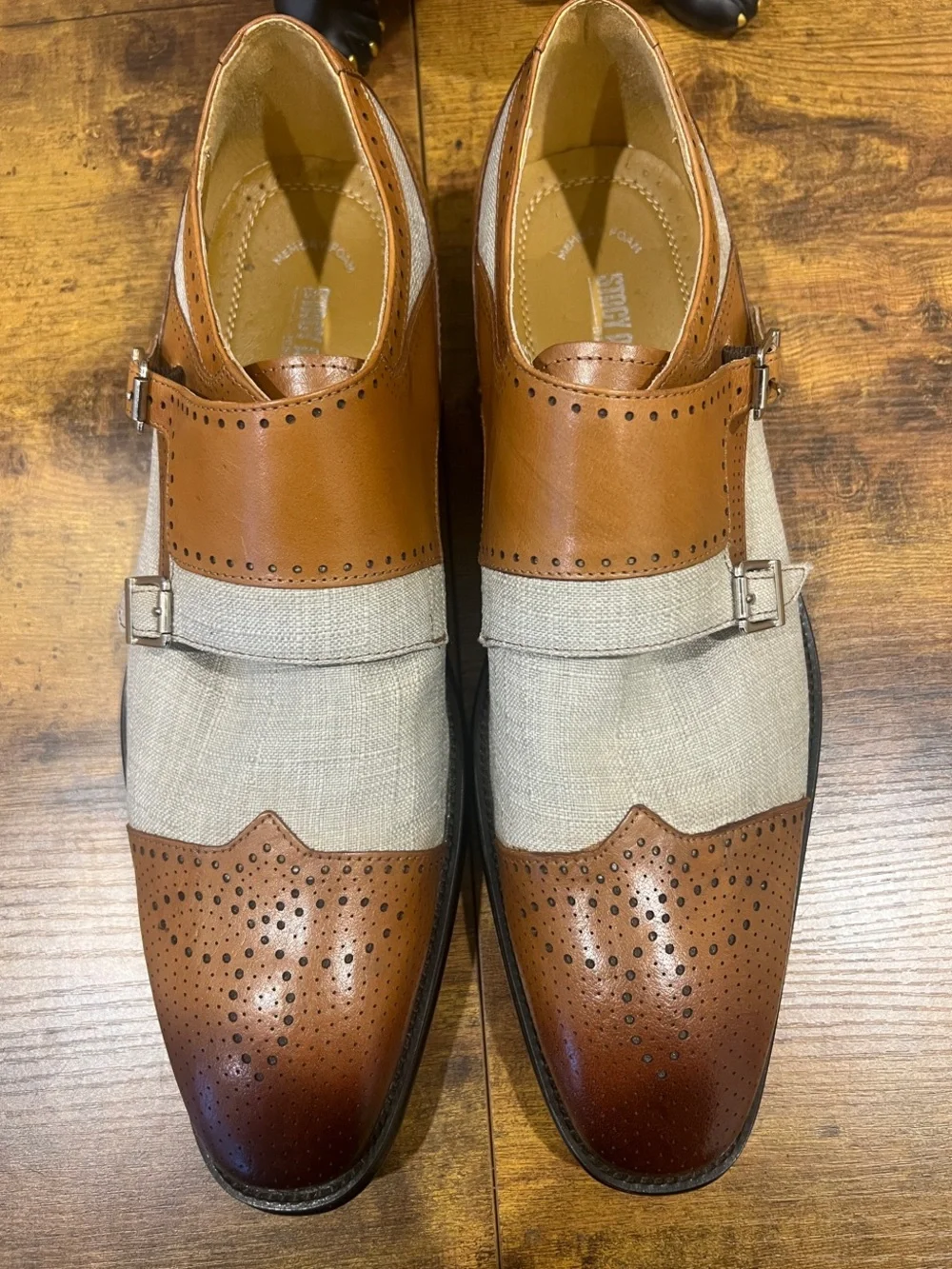 Stacy Adams Harper Double Monk-Strap Cognac Beige Leather & Canvas Shoes:Size 11